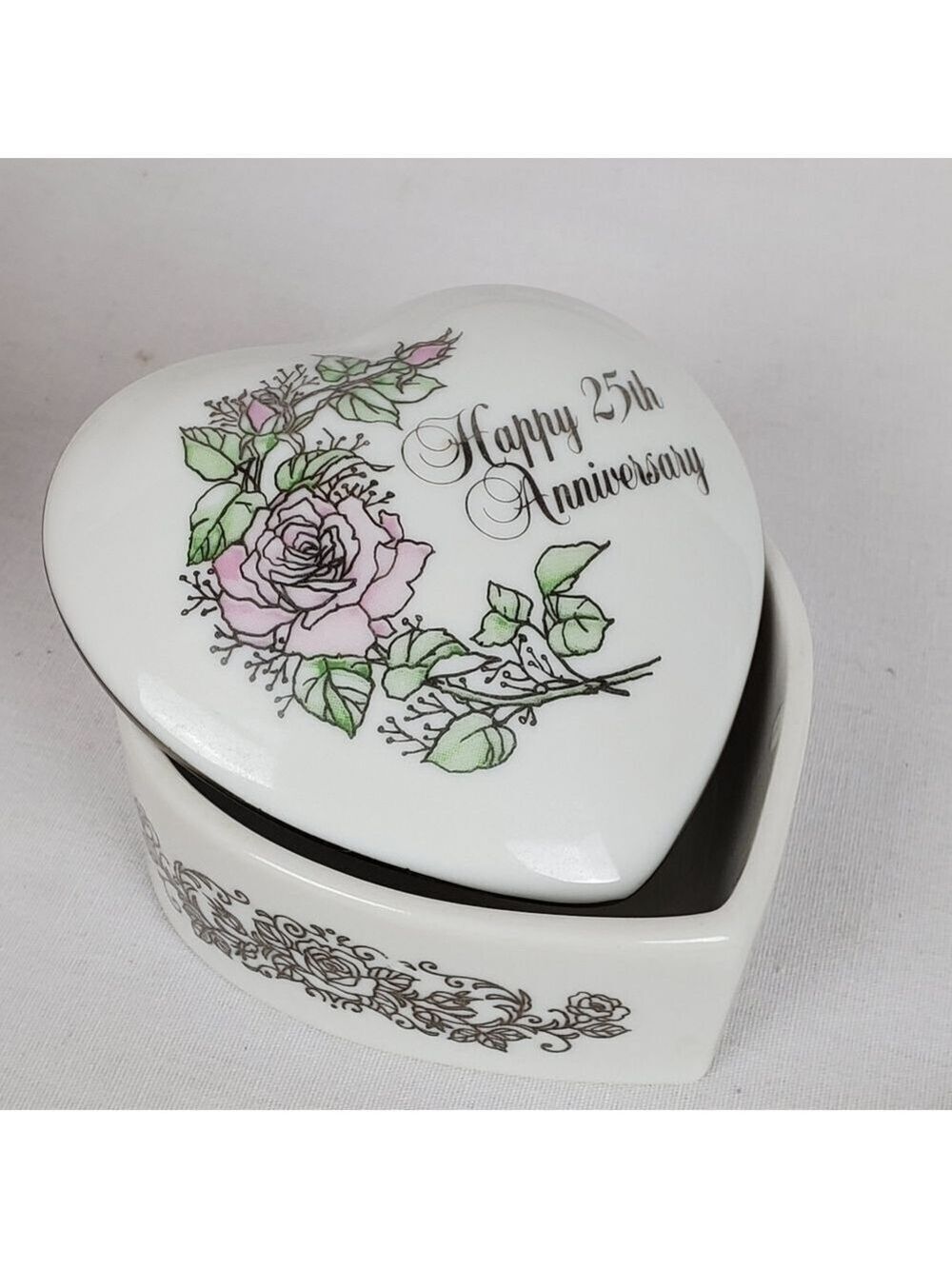 Vtg 25th Anniversary ceramic heart trinket jewelry box 1983 Enesco Japan